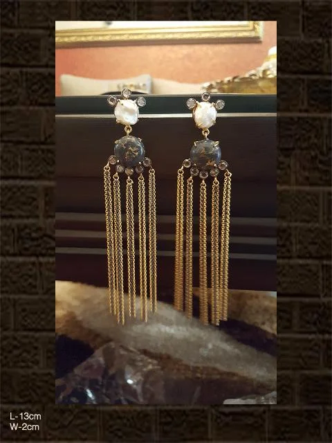 artisan-crafted gold earrings-White and black stone long chain earrings in gold and black polish