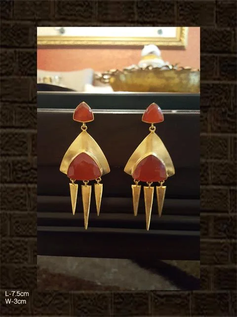 inscribed tradition stud earrings-Orange coloured stone earring with three spikes