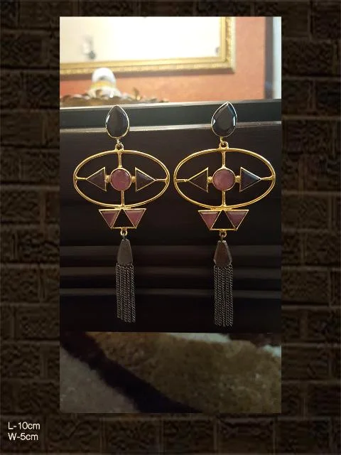 tarnished gold stack earrings-Pink earring with gold and black polish