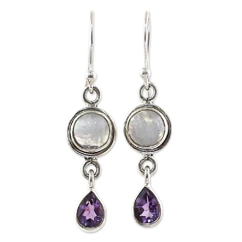 nature-themed ridge crest earrings-NOVICA Handmade Sterling Silver Amethyst Moonstone Earrings (India) - 1.6*0.4