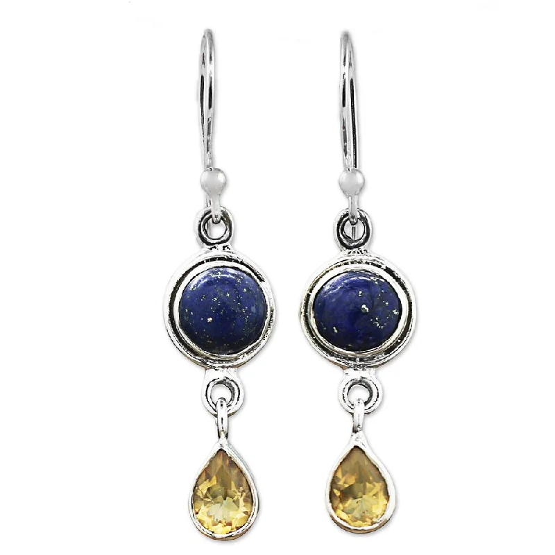 boho-inspired amethyst earrings-NOVICA Handmade Sterling Silver Drops of Sun Lapis Lazuli Citrine Earrings (India) - 1.7*0.4