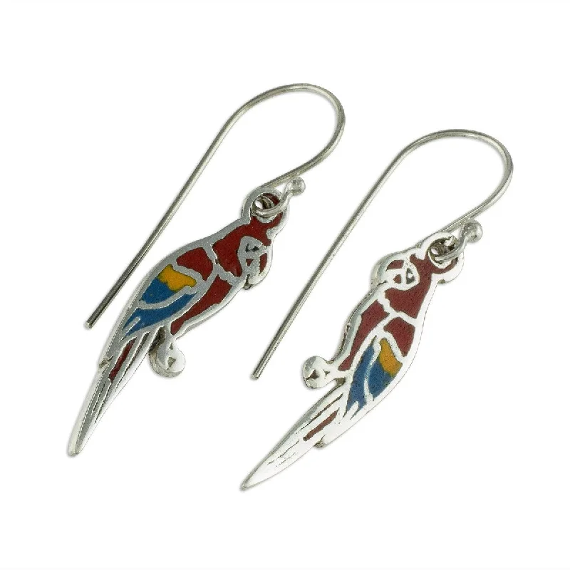 raw amethyst statement earrings-NOVICA Scarlet Macaws, Enameled sterling silver earrings - 1.7*0.3