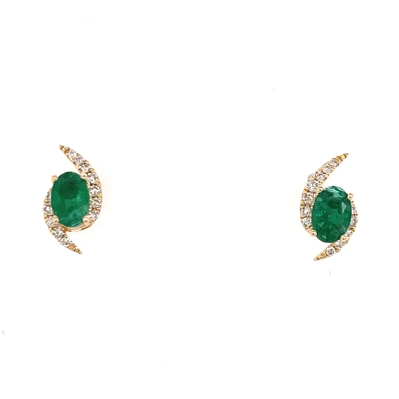 nature-themed branch crest earrings-Bremer Jewelry Oval Emerald and Diamond Solitaire/Stud Earrings in 14K Yellow Gold (1.03ctw)