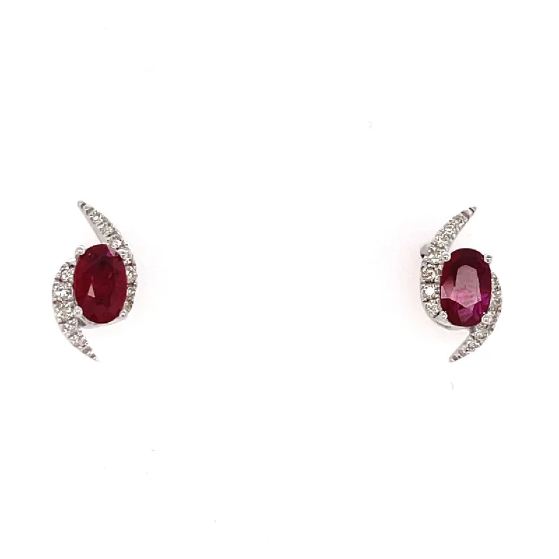 vintage-inspired amethyst earrings-Bremer Jewelry Oval Ruby and Diamond Solitaire/Stud Earrings in 14K White Gold (1.03ctw)