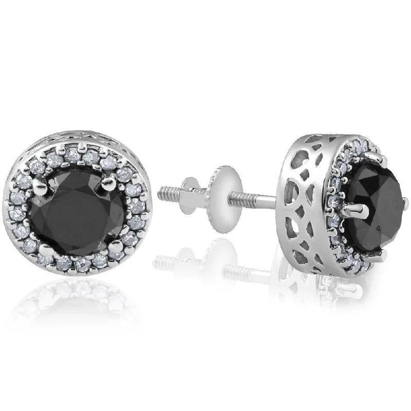 art deco jade earrings-Pompeii3 14k White Gold 2 1/4 ct TDW Black & White Halo Vintage Screw Back Diamond Studs