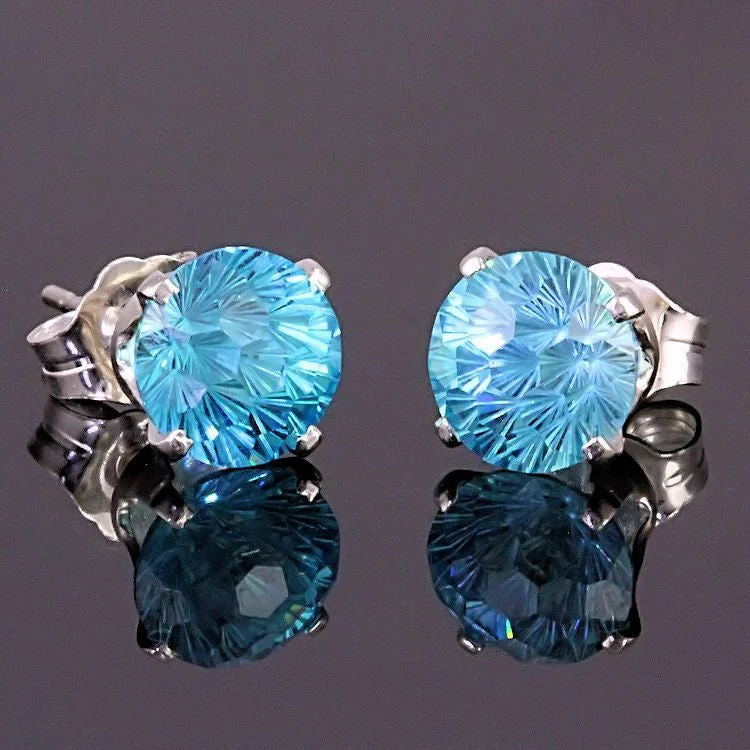 artisan-crafted rose earrings-Starfire: 6mm Brazilian Aquamarine Crown Set Earrings 925 Silver