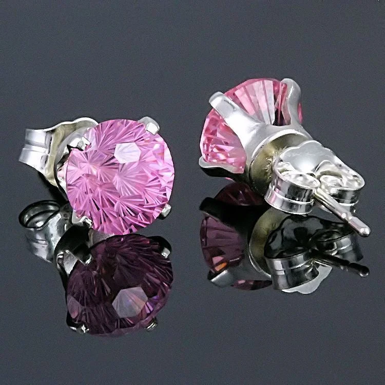 floral-inspired opal earrings-Starfire: 6mm Pink Sapphire Ice CZ Crown Set Earrings 925 Silver