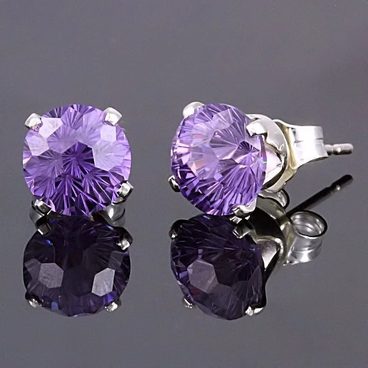 bold emerald summit peak earrings-Starfire: 8mm Brazilian Amethyst Crown Set Stud Earrings 925 Silver