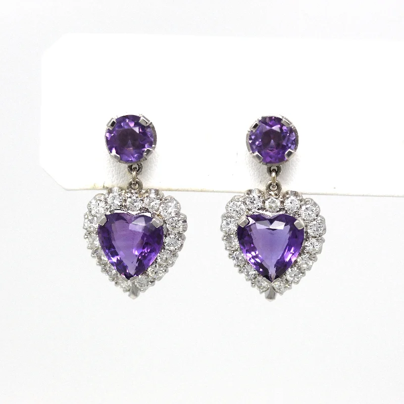 bohemian totem earrings-Sale - Statement Heart Earrings - Estate 14k White Gold 7 CTW Genuine Amethyst Gems & 1.20 CTW Diamond - Modern 2000s Halo Design Jewelry