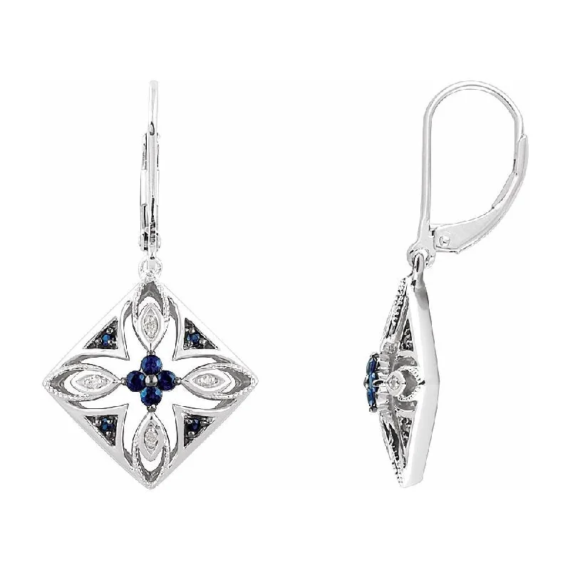 tarnished rose stack earrings-Sterling Silver Blue Sapphire & .04 CTW Diamond Lever Back Dangle Earring for Women