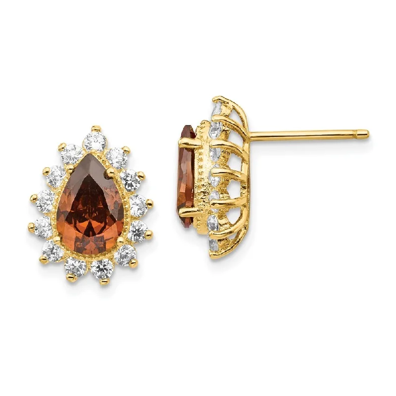 art deco amethyst earrings-Sterling Silver Gold Plated CZ & Brown CZ Stud Earrings (L-14.37 mm, W-11.33 mm)