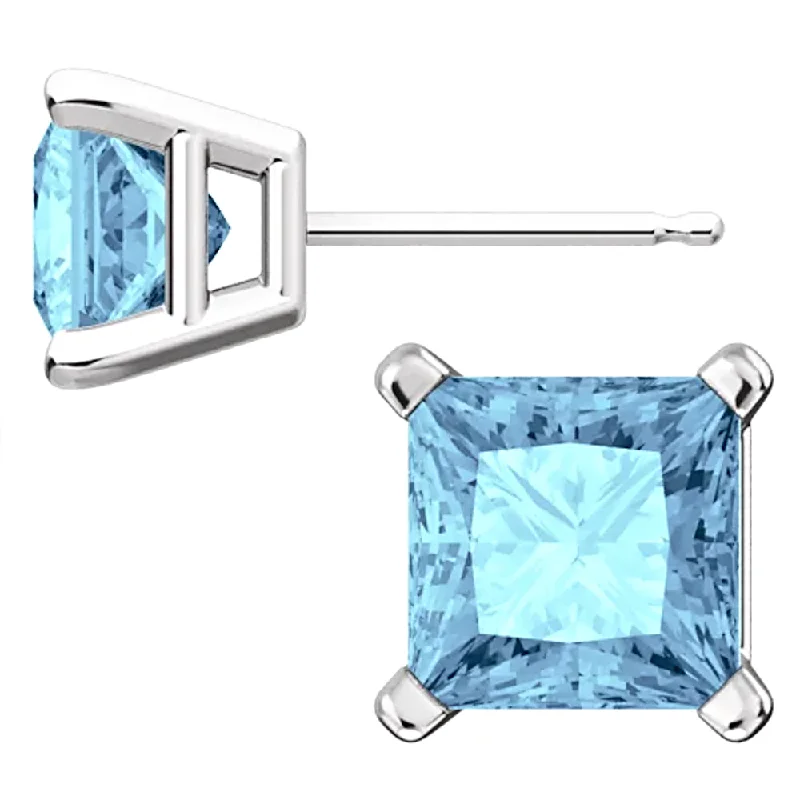 minimalist crest summit earrings-Sterling Silver Princess Cut Aquamarine Ice CZ Basket Set Stud Earrings