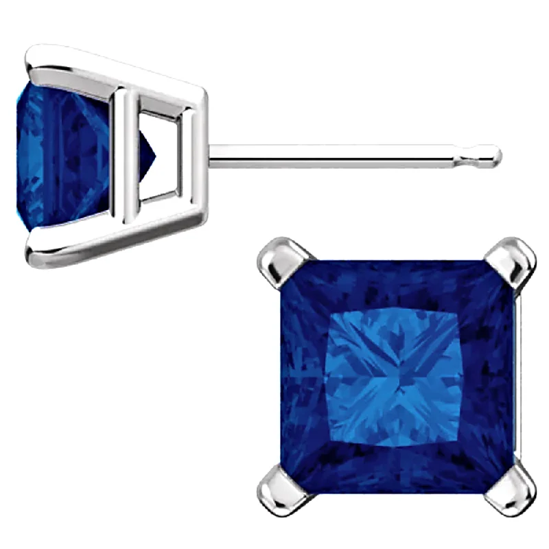 inscribed eternity stud earrings-Sterling Silver Princess Cut Blue Sapphire Ice CZ Basket Set Stud Earrings