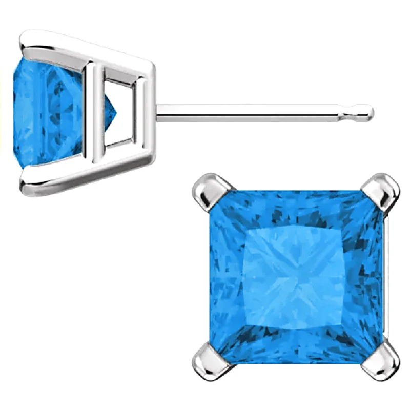 modern tiered topaz earrings-Sterling Silver Princess Cut Blue Zircon Ice CZ Basket Set Stud Earrings