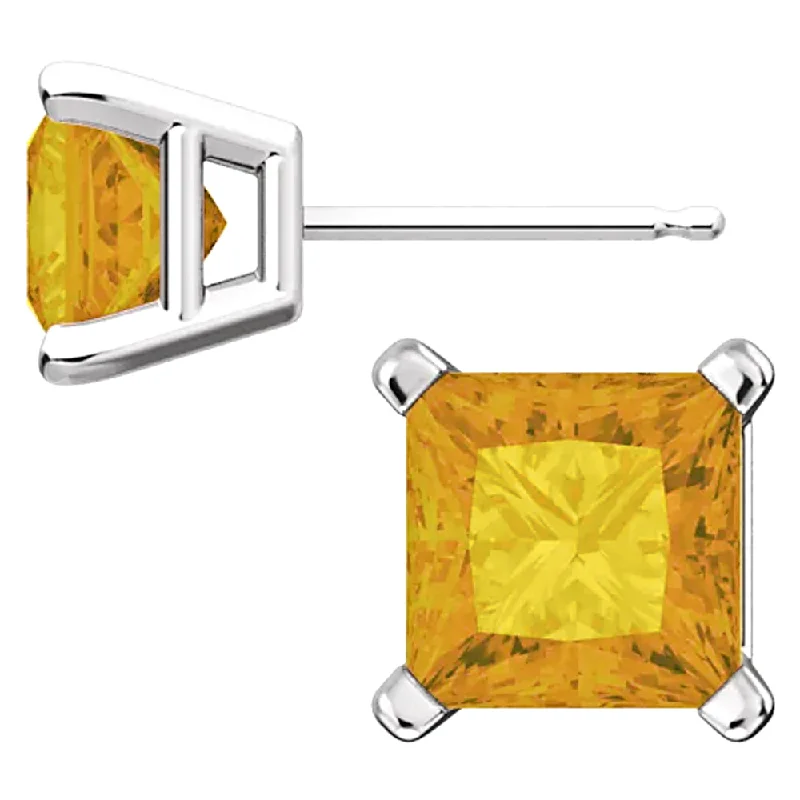 matte bronze tier earrings-Sterling Silver Princess Cut Citrine Ice CZ Basket Set Stud Earrings