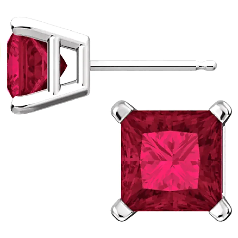 vintage-style opal earrings-Sterling Silver Princess Cut Ruby Ice CZ Basket Set Stud Earrings