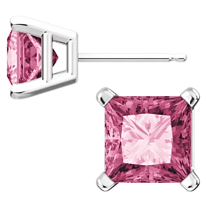 gothic-inspired raven fang earrings-Sterling Silver Princess Cut Tourmaline Ice CZ Basket Set Stud Earrings