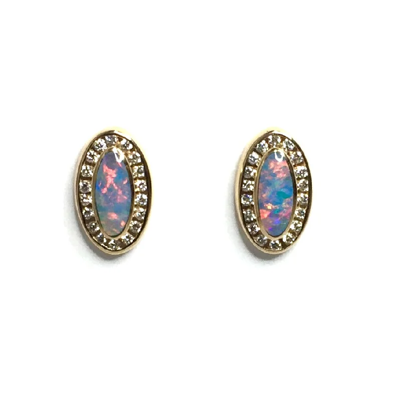 matte silver spiral earrings-Opal Earrings Oval Inlaid with .25ctw Round Diamond Halo Studs