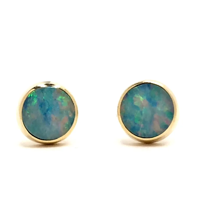 modern arched drop earrings-Opal Earrings 6mm Round Inlaid Design Studs