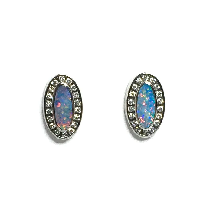 adjustable ridge summit earrings-Opal Earrings Oval Inlaid with .25ctw Round Diamond Halo Studs