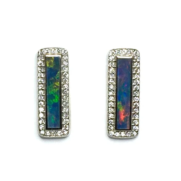 modern contoured drop earrings-Opal Earrings Rectangle Inlaid with .50ctw Round Diamond Halo Studs