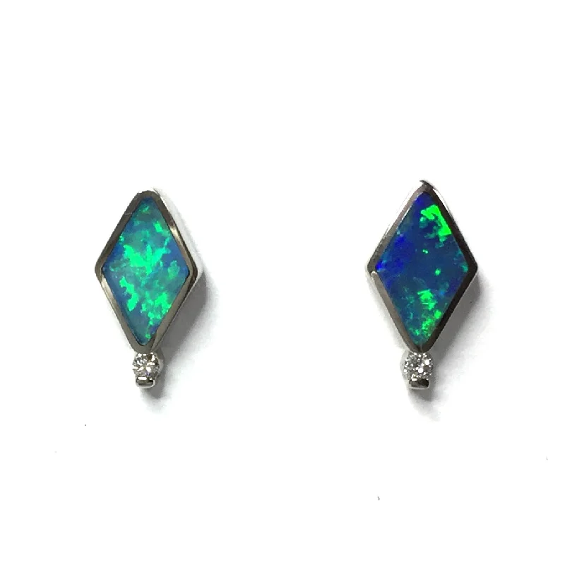 adjustable ridge crest earrings-Opal Earrings Diamond Shape Inlaid Studs with .04ctw Round Diamonds