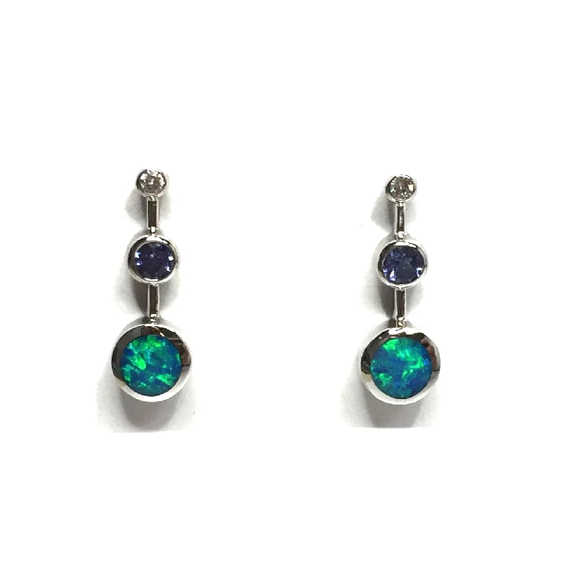 modern stellar diamond earrings-Opal Earrings Round Inlaid with Tanzanite and .04ctw Round Diamonds