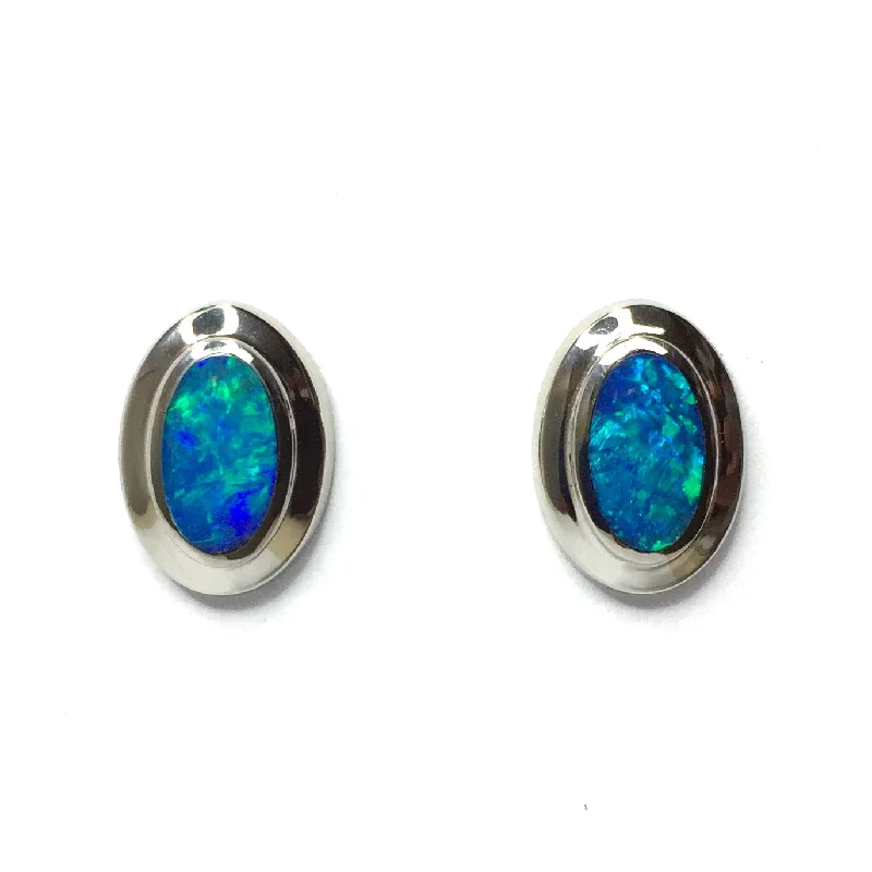 modern tiered topaz earrings-Opal Earrings Oval Inlaid Studs