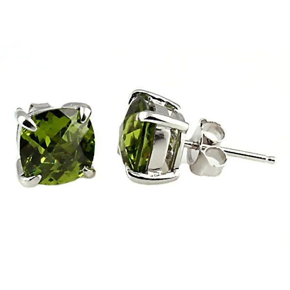 nature-themed crest peak earrings-Teanna: 6.5ct, 8mm Cushion Cut Peridot Crystal Stud Earrings Silver